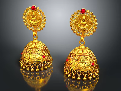 Elegant Golden Earrings with Red Gemstones Floral Patterns Bell Shape Design 3d model