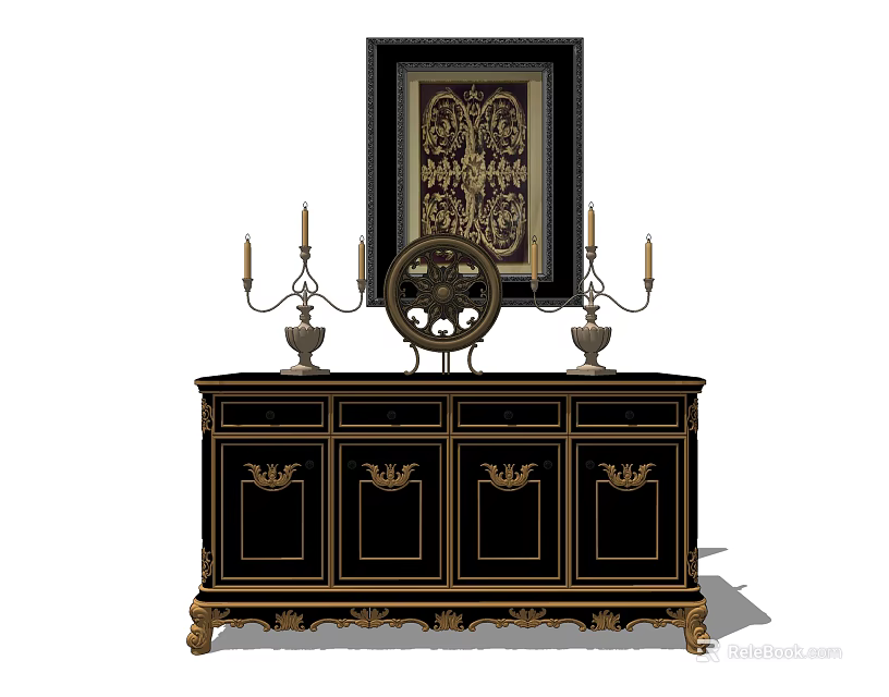 Elegant Black And Gold Console Table With Candlesticks Round Decor And Wall Art 3d model