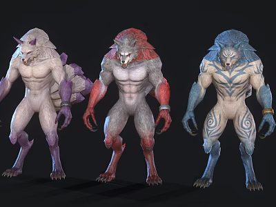 Three Various Colored Muscular Werewolf Characters With Tattoos And Arm Bands In Standing Poses 3d model