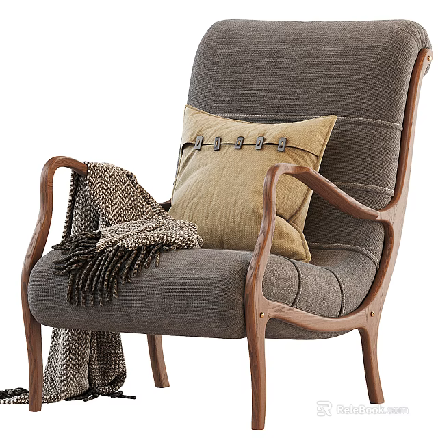 Gray Armchair With Wooden Arms Beige Cushion Metal Buttons And Woven Throw 3d model 