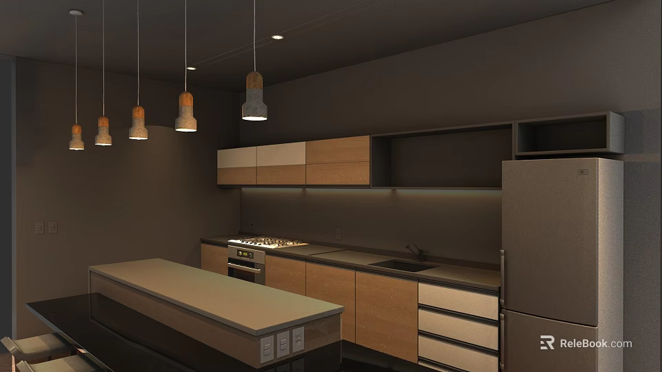Modern Kitchen Interior With Wooden And Dark Cabinets Island Countertop And Pendant Lights 3d model 