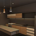 Modern Kitchen Interior With Wooden And Dark Cabinets Island Countertop And Pendant Lights