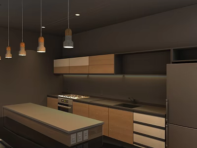 Modern Kitchen Interior With Wooden And Dark Cabinets Island Countertop And Pendant Lights 3d model