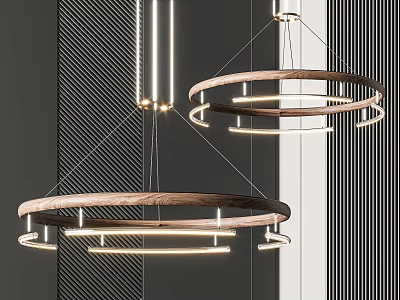 Elegant Modern Circular Wooden Chandeliers With Warm Lighting And Striped Wall Background 3d model