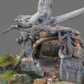 Ancient Tree Roots Embracing Stone Archway And Cracked Mossy Walls In Rustic Scene