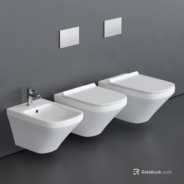 Modern White Wall Mounted Toilet With Bidet And Gray Wall Square Panels 3d model 