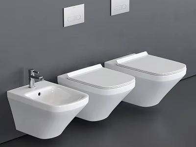 Modern White Wall Mounted Toilet With Bidet And Gray Wall Square Panels 3d model
