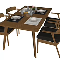 Modern Wooden Dining Table Set With Upholstered Chairs And Decorative Plates 3d model