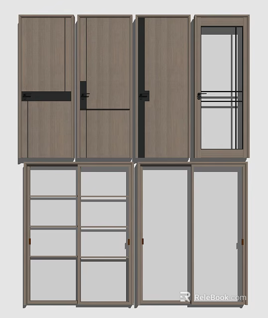 Modern Wooden Hinged Door Design With Glass Panels And Storage Cabinets 3d model 