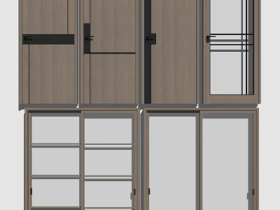 Modern Wooden Hinged Door Design With Glass Panels And Storage Cabinets 3d model