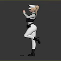 Woman Wearing White Hat Black Vest Standing on One Leg Holding Whistle with Black Device