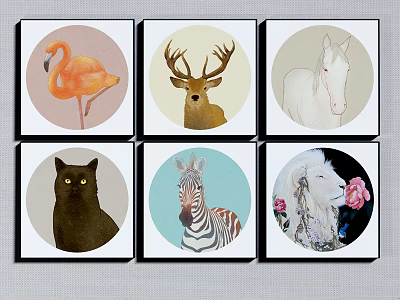 Colorful Animal Paintings with Flamingo Deer Horse Cat Zebra Lion in Round Frames 3d model