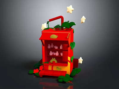 Red Vending Machine Decorated With Green Leaves Red Flowers And Floating White Stars 3d model