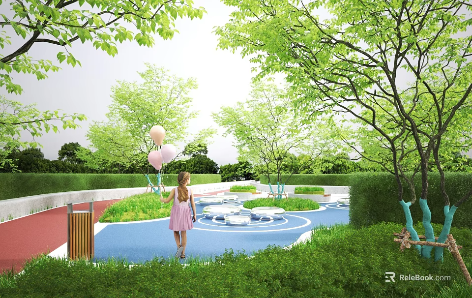 Park Landscape With Girl Holding Balloons Green Trees Lawn And Blue Play Area 3d model 