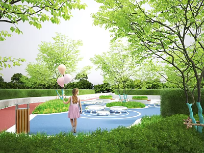 Park Landscape With Girl Holding Balloons Green Trees Lawn And Blue Play Area 3d model