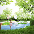 Park Landscape With Girl Holding Balloons Green Trees Lawn And Blue Play Area
