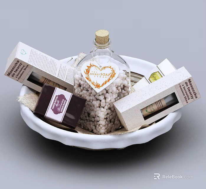 Relaxing Decorative Ornament Set With Glass Bottle Heart Label White Bowl And Packaging Boxes 3d model 