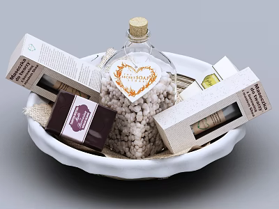 Relaxing Decorative Ornament Set With Glass Bottle Heart Label White Bowl And Packaging Boxes 3d model