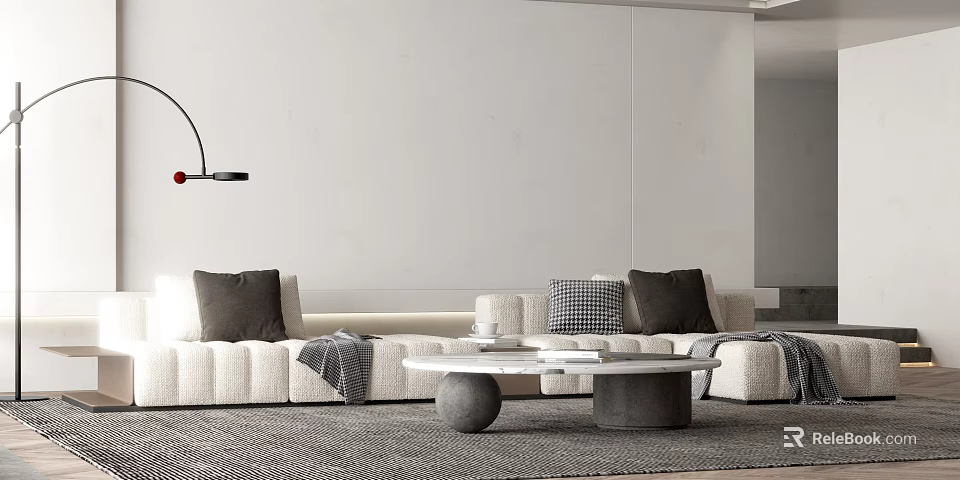 Beige Sectional Sofa With Gray Checkered Pillows Round Coffee Table And Gray Area Rug 3d model 
