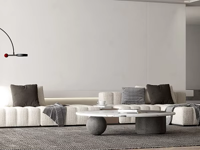 Beige Sectional Sofa With Gray Checkered Pillows Round Coffee Table And Gray Area Rug 3d model