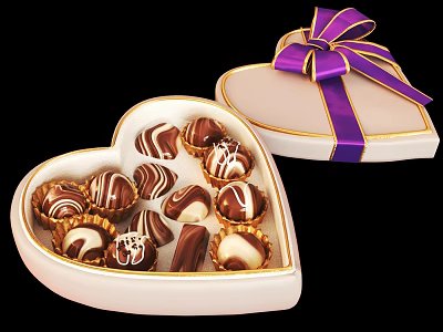 Delicious Assorted Chocolates in Heart Shaped Box with Purple Ribbon Bow 3d model