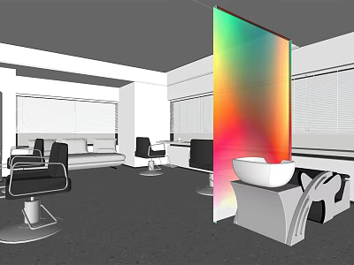 Modern Hair Salon Interior Design With Black Chairs White Sink And Rainbow Partition 3d model