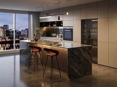 Modern Luxury Marble Kitchen Bar Counter With Comfortable Bar Stools And Stunning City Night View 3d model