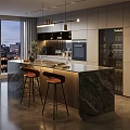Modern Luxury Marble Kitchen Bar Counter With Comfortable Bar Stools And Stunning City Night View