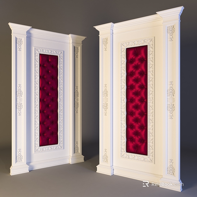 Elegant White Wall Panel With Red Upholstered Center And Carved Decorative Details 3d model 