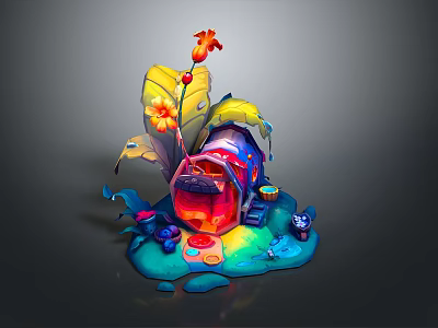 Colorful Fantasy Hut with Cartoon Leaves Flowers Rainbow Water Drops and Vibrant Design 3d model