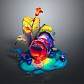 Colorful Fantasy Hut with Cartoon Leaves Flowers Rainbow Water Drops and Vibrant Design