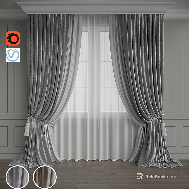 Luxurious Gray Velvet Curtains With Sheer Curtains For Double Window And Gray Walls 3d model 