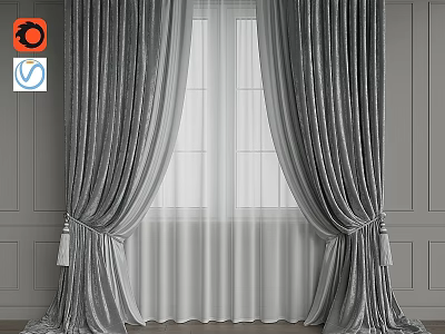 Luxurious Gray Velvet Curtains With Sheer Curtains For Double Window And Gray Walls 3d model