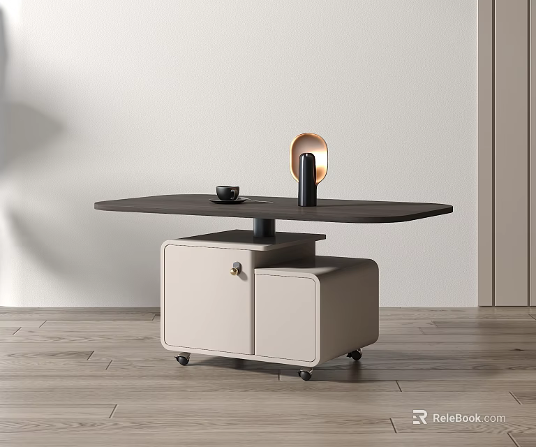 Modern Coffee Table With Cabinet Base On Wheels Featuring Table Lamp And Black Cup 3d model
