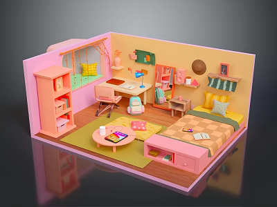 Bright Kids Bedroom Interior With Pink Yellow Walls Bed Desk Bookshelf And Decor 3d model