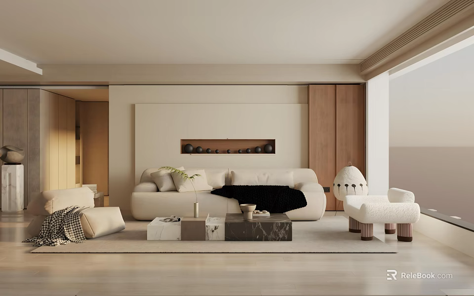 Modern Living Room Interior Design With Beige Sofa Coffee Table And Accent Chair 3d model 