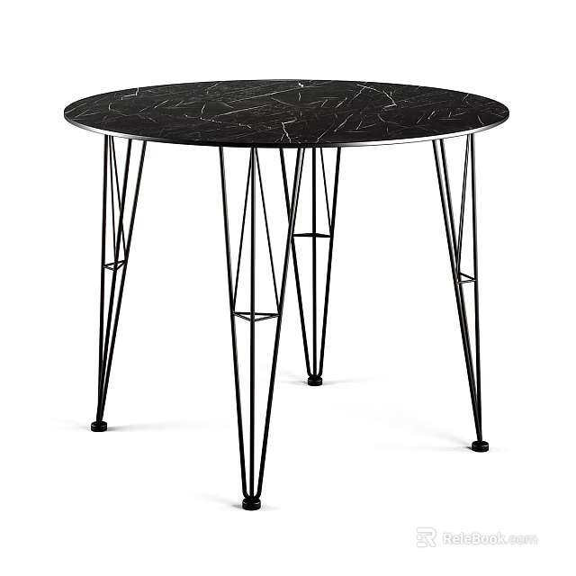 Round Black Marble Veined Coffee Table With Angular Black Metal Legs Design 3d model 