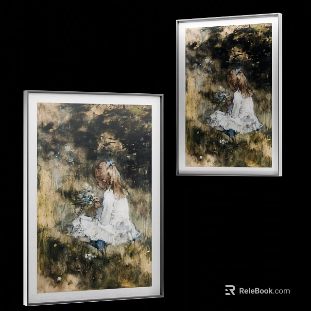 Portrait Paintings of Girl in White Dress with Natural Outdoor Background in White Frames 3d model 