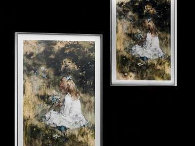 Portrait Paintings of Girl in White Dress with Natural Outdoor Background in White Frames 3d model