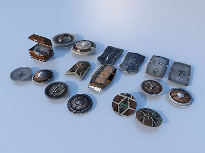 Hardware Tools With Various Shapes Colors Disc Shaped Tools And Storage Cases On Light Blue 3d model