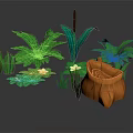 Various Green Plants With Different Leaf Shapes White Small Flowers And Orange Woven Basket