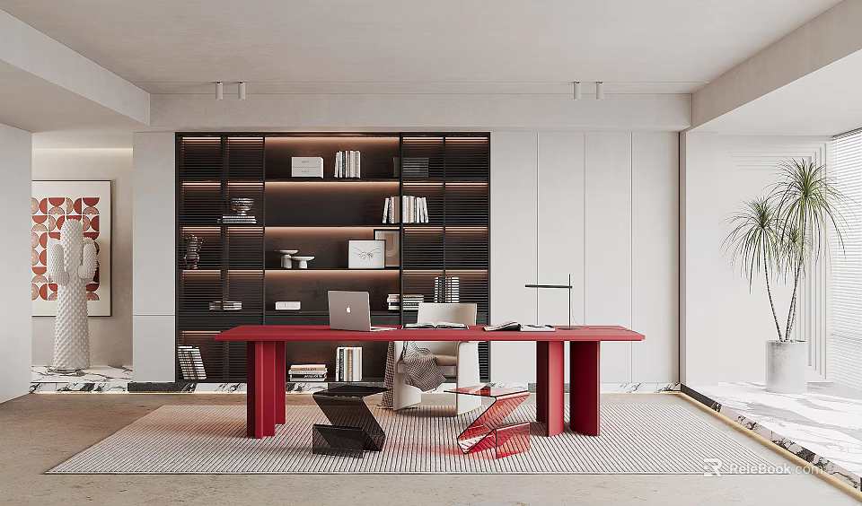 Modern Study Room Interior With Red Desk And Black Bookshelves 3d model 