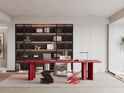 Modern Study Room Interior With Red Desk And Black Bookshelves 3d model