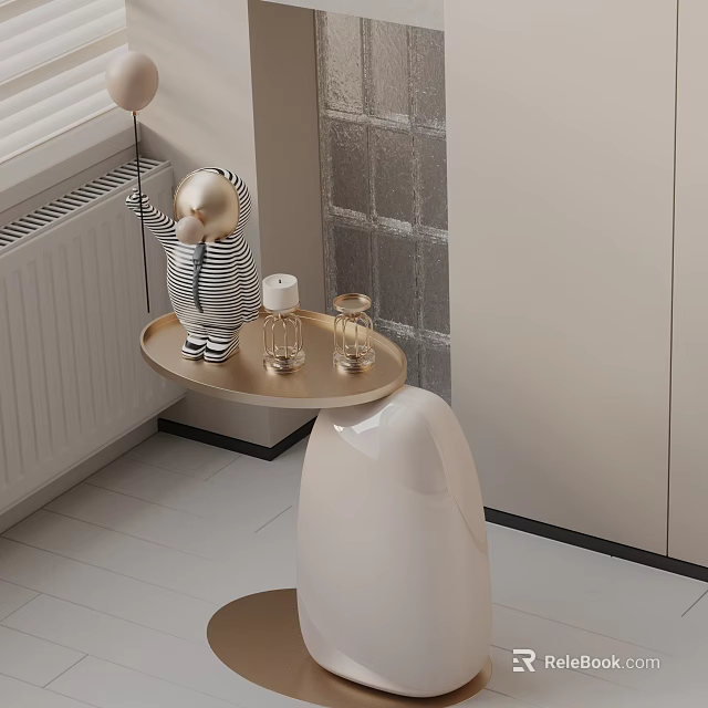 Modern Side Table with Striped Stuffed Toy Candle and Glass on Golden Tabletop 3d model 