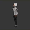 Child With White Short Hair Pink Cheeks Wearing Grey Dress Black Boots Standing Pose