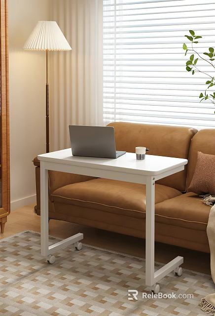 Modern Brown Sofa and White Coffee Table Set with Laptop Cup and Window Blinds 3d model 
