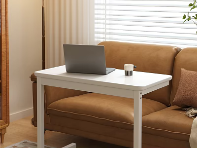 Modern Brown Sofa and White Coffee Table Set with Laptop Cup and Window Blinds 3d model