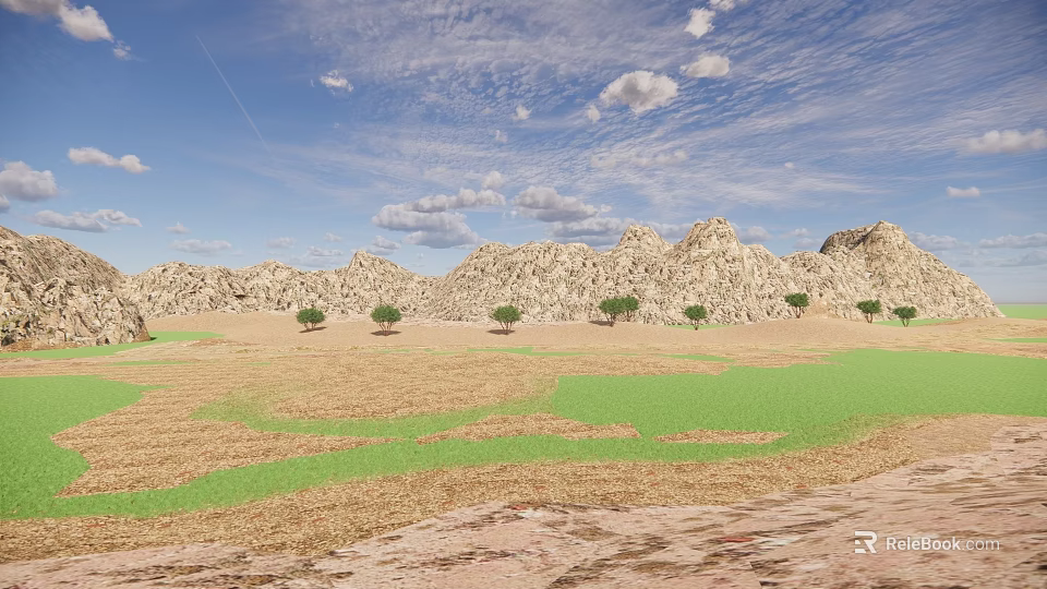 Scenic Landscape with Rocky Mountains Blue Sky White Clouds Green Grass Trees and Dry Land 3d model 