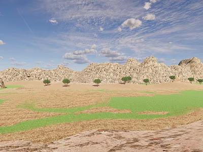 Scenic Landscape with Rocky Mountains Blue Sky White Clouds Green Grass Trees and Dry Land 3d model