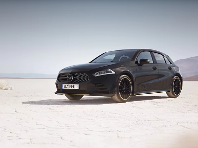 Black Mercedes Benz Hatchback On Desert Sand With Mountain Backdrop And Sky 3d model